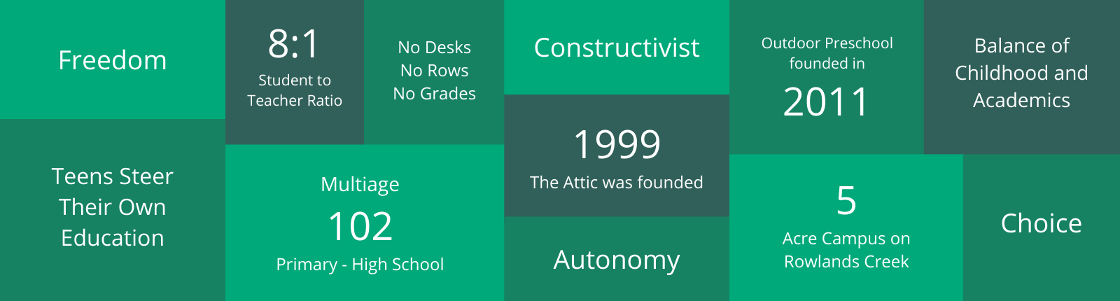 Freedom, Teens Steer Their Own Education, 8:1 Student to Teacher Ratio, No Desks No Rows No Grades, Multiage 102 Primary - High School, Constructivist, 1999 The Attic was founded, Autonomy, Outdoor Preschool founded in 2011, Balance of Childhood and Academics, 5 Acre Campus on Rowlands Creek, Choice